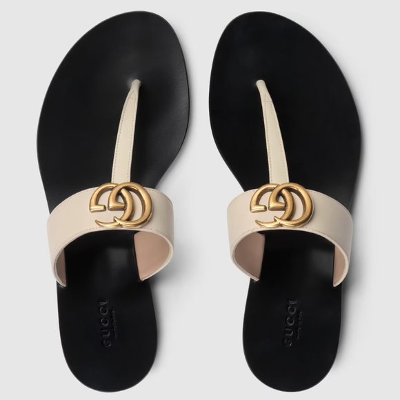 White Leather Thong Sandal with Double G